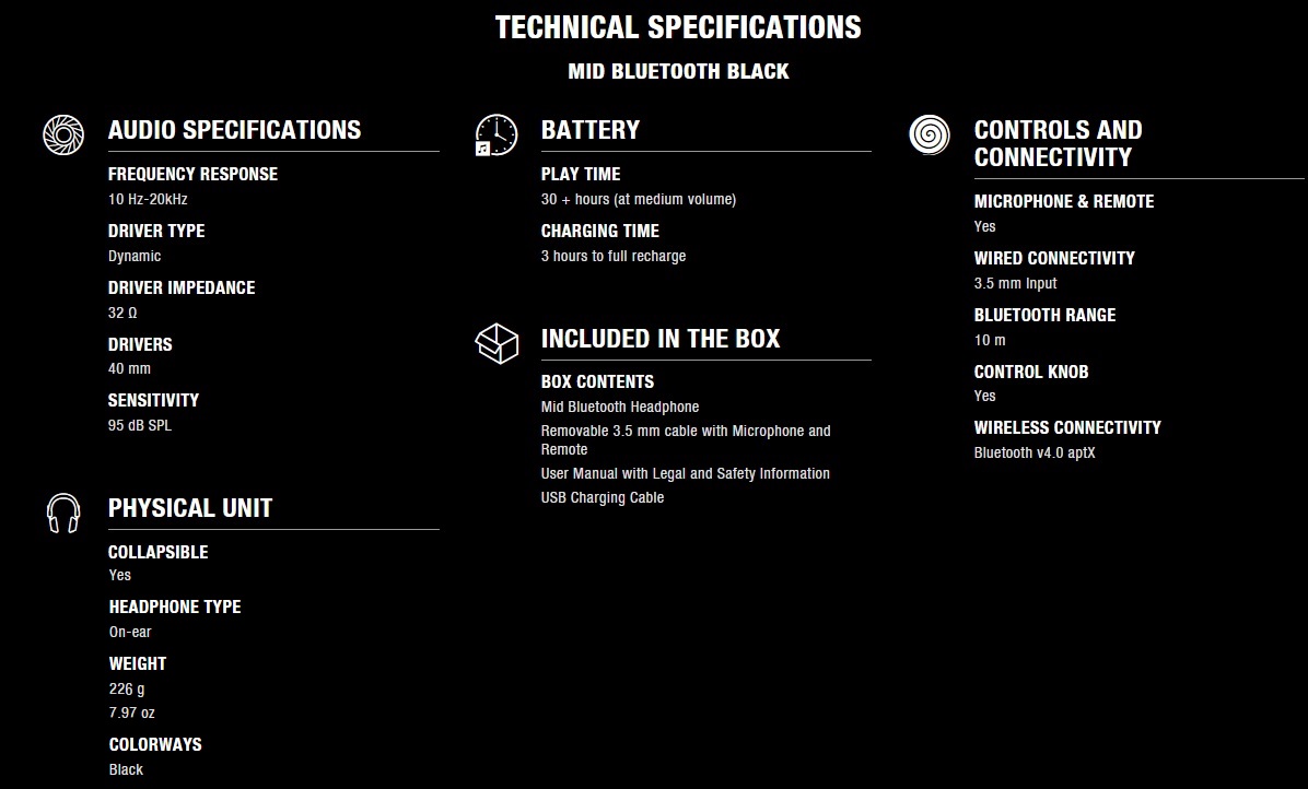 Thông số kỹ thuật Marshall Mid Bluetooth Tai nghe Chính Hãng