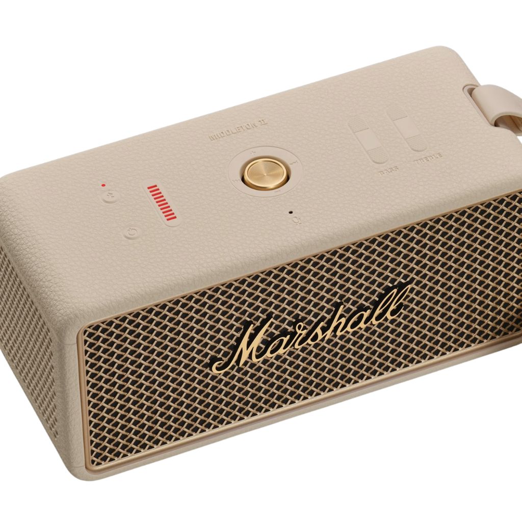 Marshall Middleton II Cream close-up logo vàng và panel điều khiển màu kem