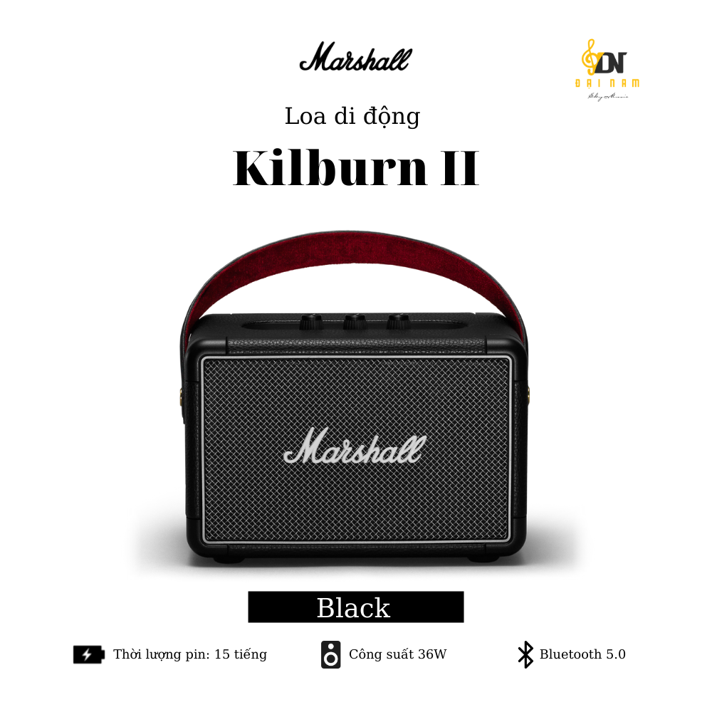 Thiết kế Marshall Kilburn II Black với knob brass và quai da đặc trưng amp guitar