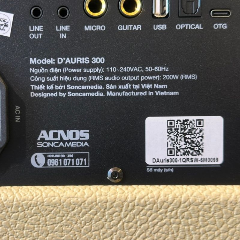 Tem model D'AURIS 300 nhãn ACNOS Soncamedia xuất xứ Việt Nam bảo hành 12 tháng