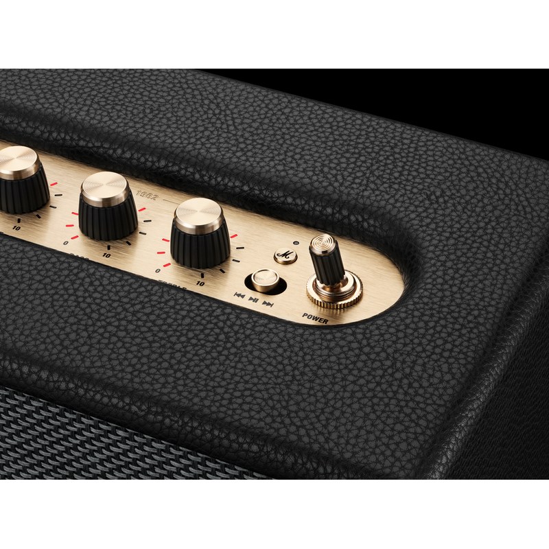 Cận cảnh bảng điều khiển Marshall Acton IV Black với núm âm lượng bass treble và công tắc nguồn