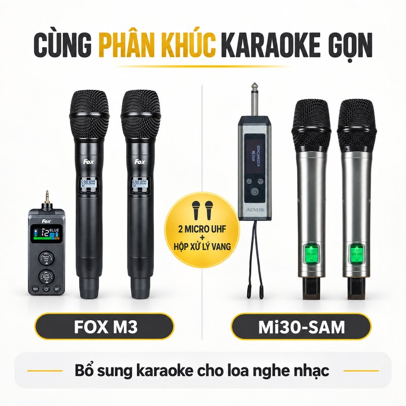 FOX M3 và SONCAMEDIA Mi30-SAM cùng phân khúc micro UHF tích hợp hộp xử lý vang