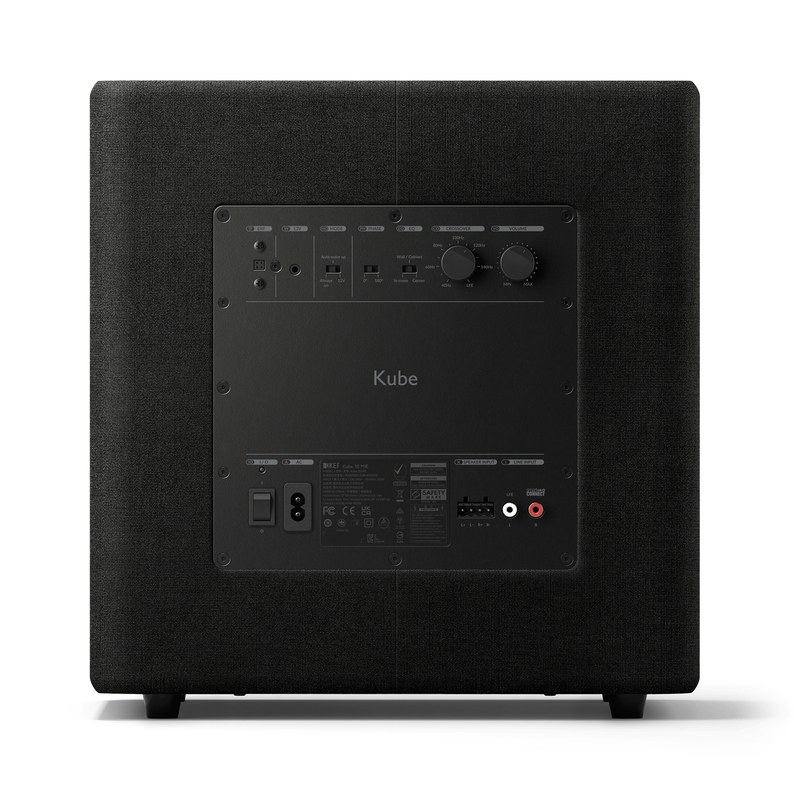 Mặt sau KEF Kube 10 Mie với cổng RCA Line Input, Volume, LPF và 3 EQ presets — kết nối từ Coda W sub out