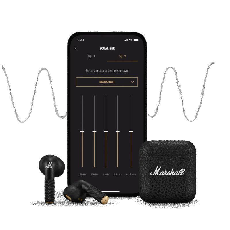 Giao diện ứng dụng Marshall Bluetooth App chỉnh EQ 5 dải trên smartphone — cá nhân hóa âm thanh Minor IV