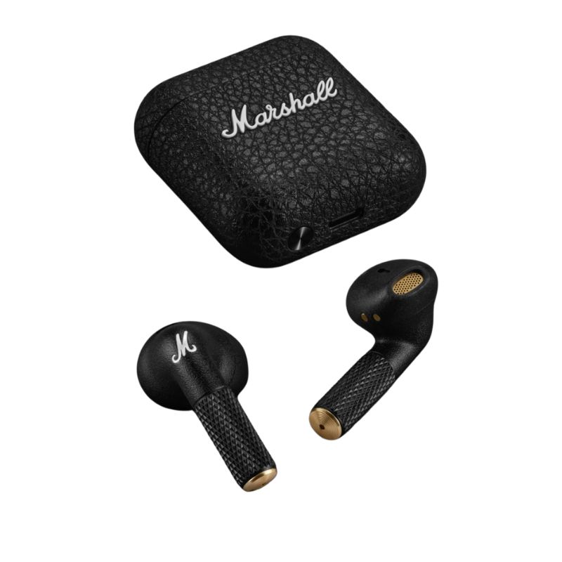 Hộp sạc Marshall Minor IV mở ra — thiết kế bọc vải dệt cao cấp chứa tai nghe Black