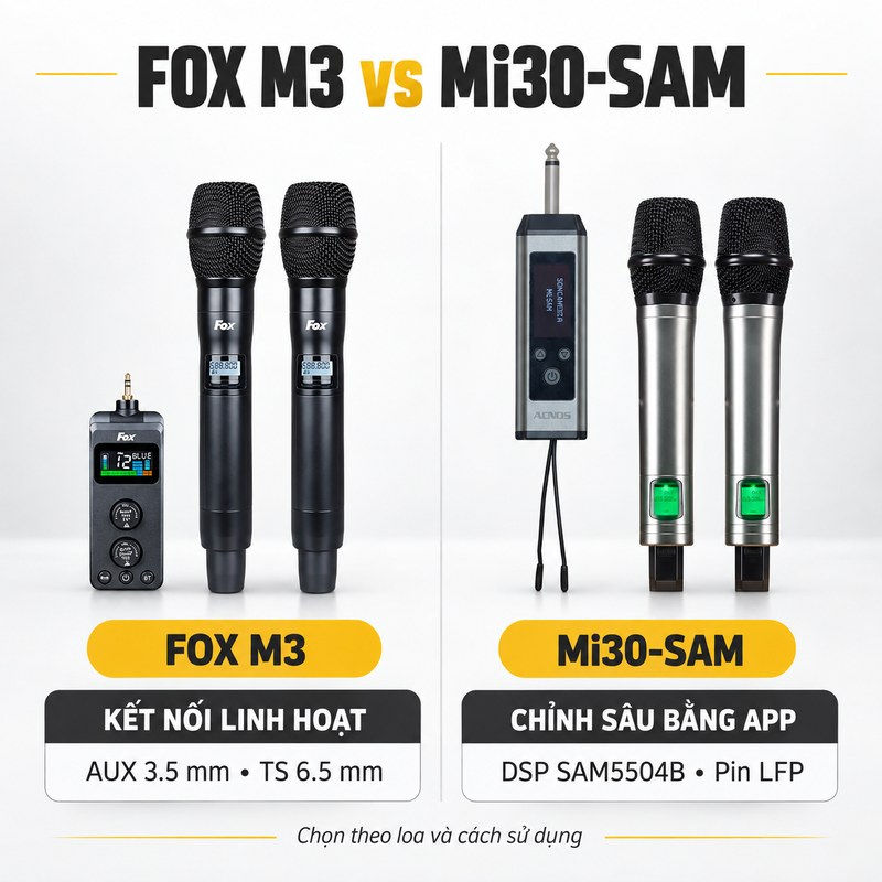 So sánh FOX M3 và SONCAMEDIA Mi30-SAM theo kết nối và khả năng chỉnh tiếng hát