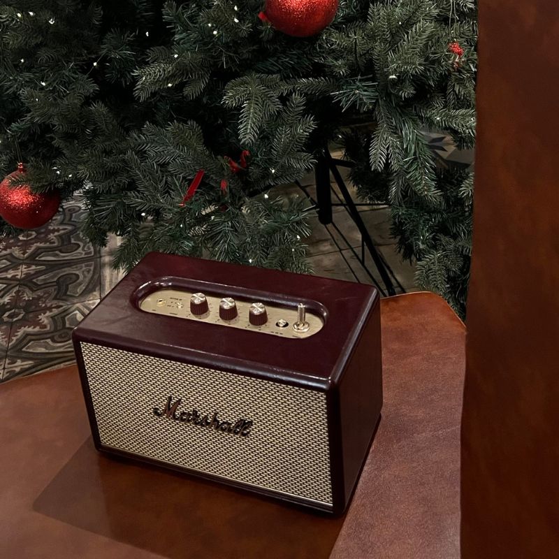 Marshall Acton III Burgundy góc 3/4 cạnh cây thông - hộp màu đỏ Burgundy đặc biệt