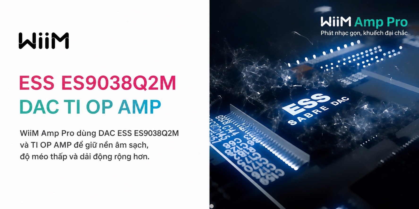 Hình minh họa DAC ESS ES9038Q2M và TI OP AMP trên Music Streaming WiiM Amp Pro