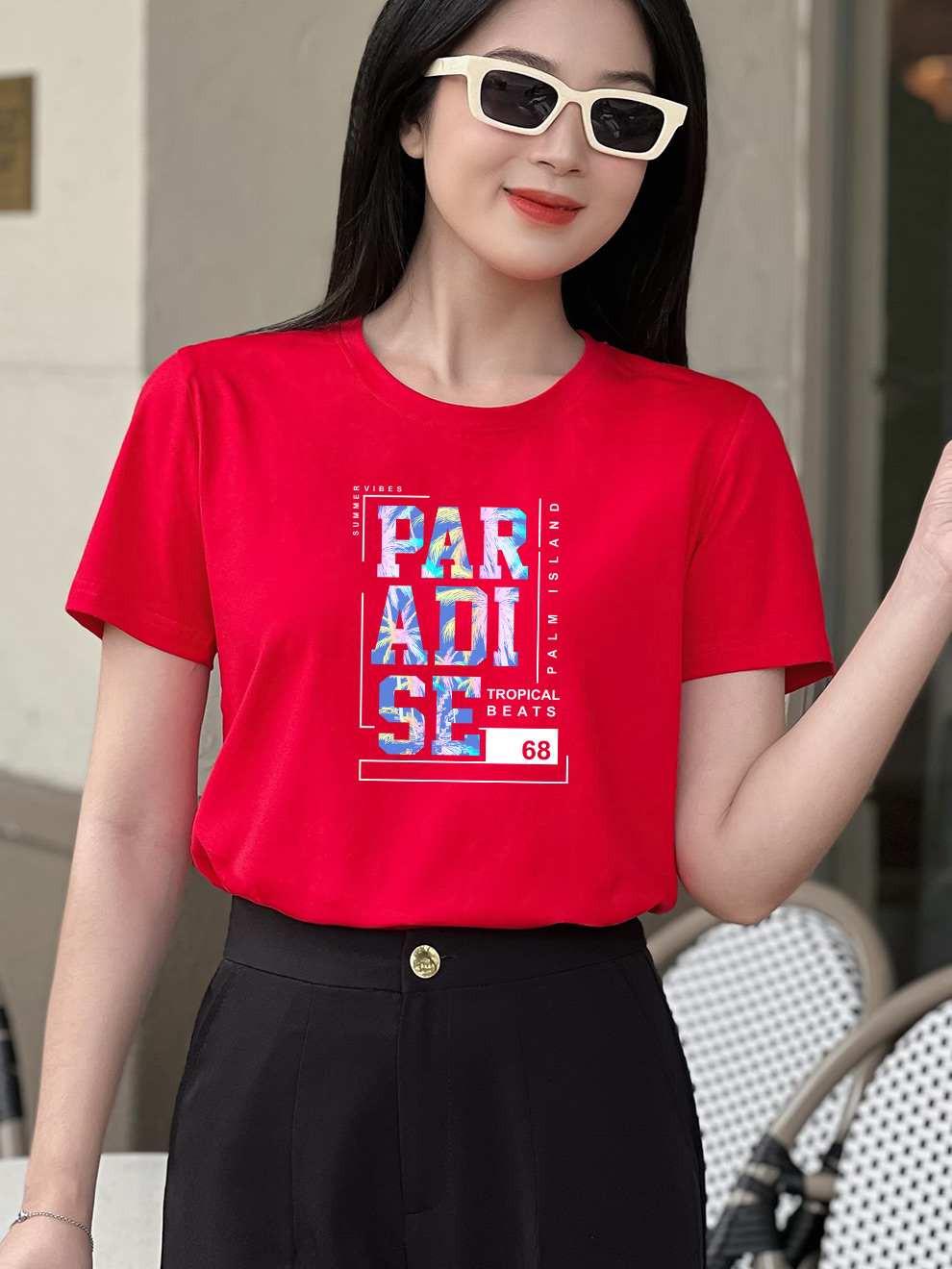 Áo thun nữ Cotton in màu Đỏ 05bP-PAR