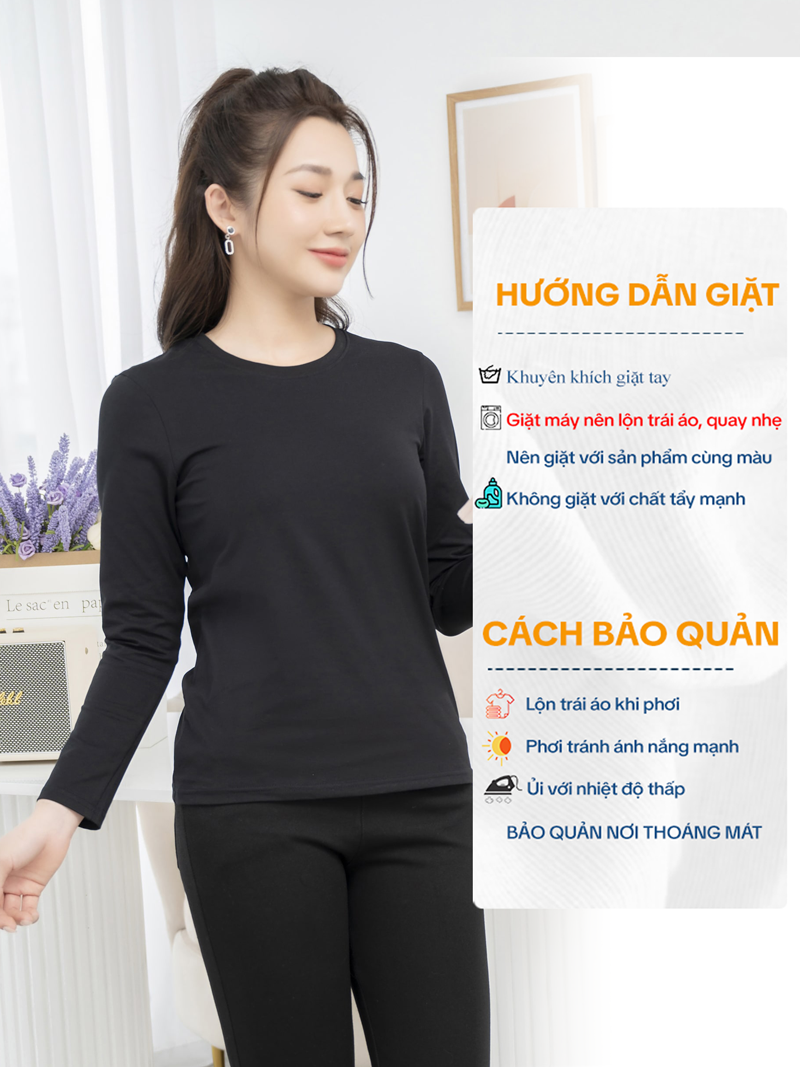 Áo thun cotton nữ cổ tròn tay dài màu Đen - LH11