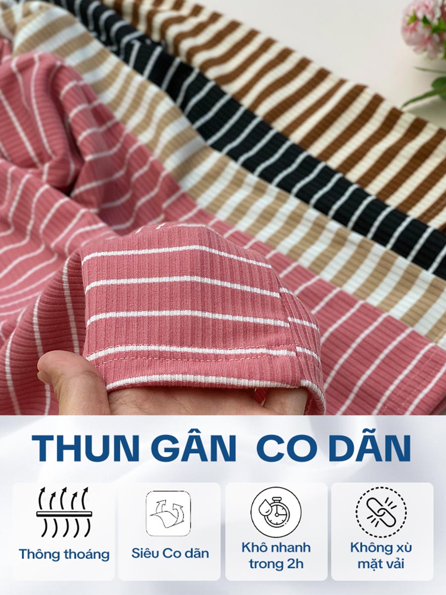 Áo thun nữ tay ngắn cổ V - Sọc Kem Trắng - TNV61