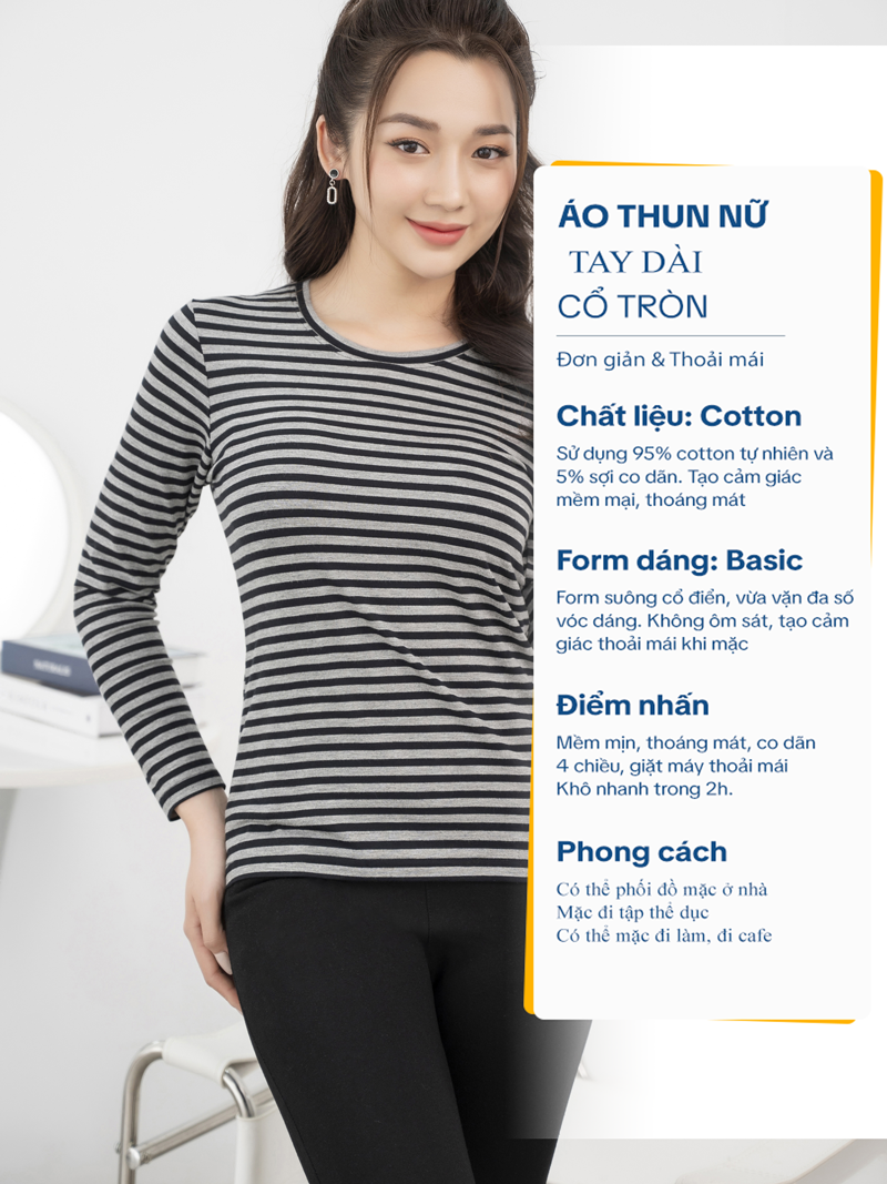 Áo thun nữ tay dài cổ tròn Sọc ngang Xám Đen LH18