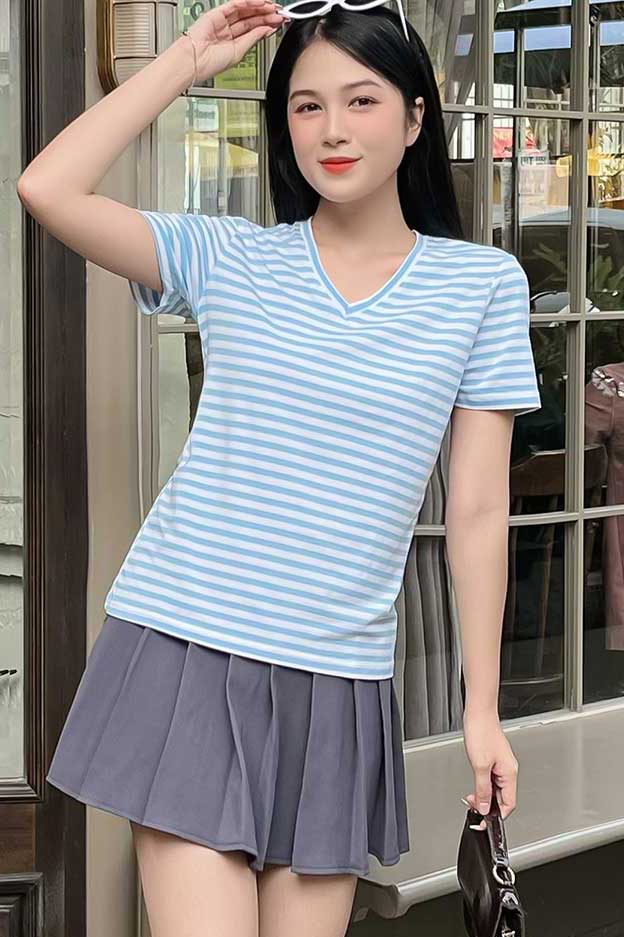 Áo thun nữ cổ tim - Sọc Xanh Trắng - BSA31