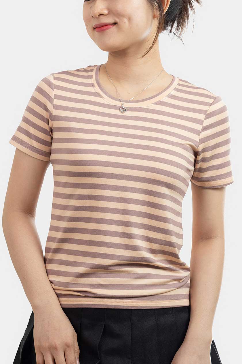 Áo thun cotton nữ cổ tròn màu Sọc Nâu Vàng - 30B