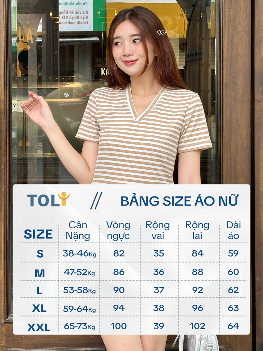 Áo thun nữ tay ngắn cổ V -  Sọc Kem Trắng - BSV62