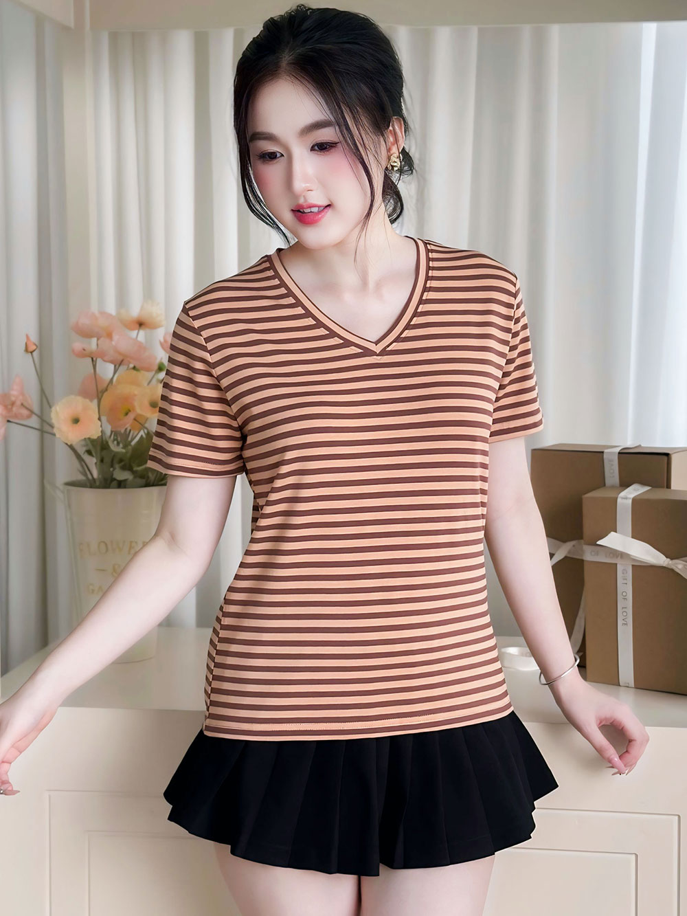 Áo thun nữ cổ tim - Sọc Nâu Caffe - BSA30