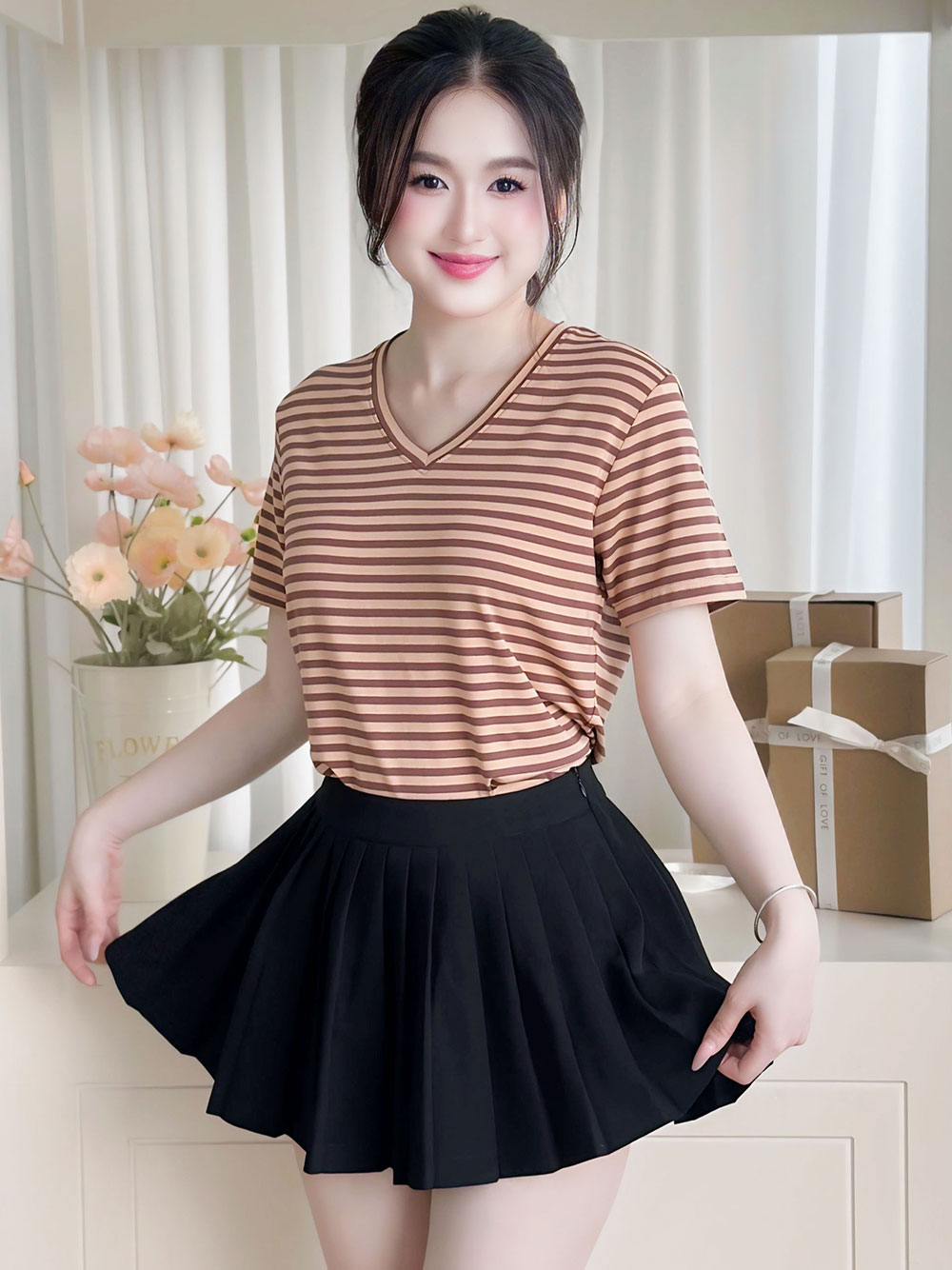 Áo thun nữ cổ tim - Sọc Nâu Caffe - BSA30