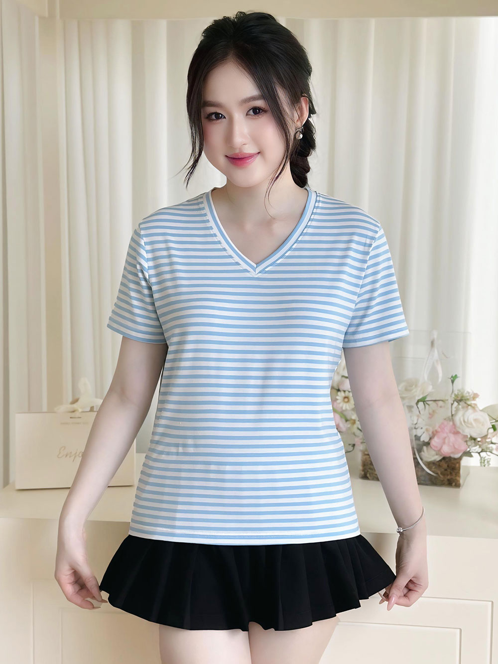 Áo thun nữ cổ tim - Sọc Xanh Trắng - BSA31