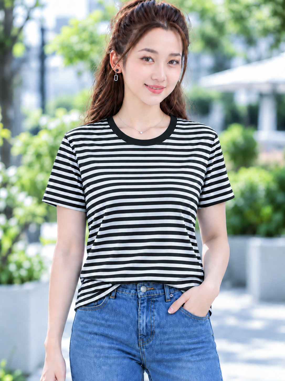 Áo thun nữ cổ tròn sọc ngang TOLI BSB18 – Cotton mềm, form suông gọn dáng, dễ phối mặc mỗi ngày