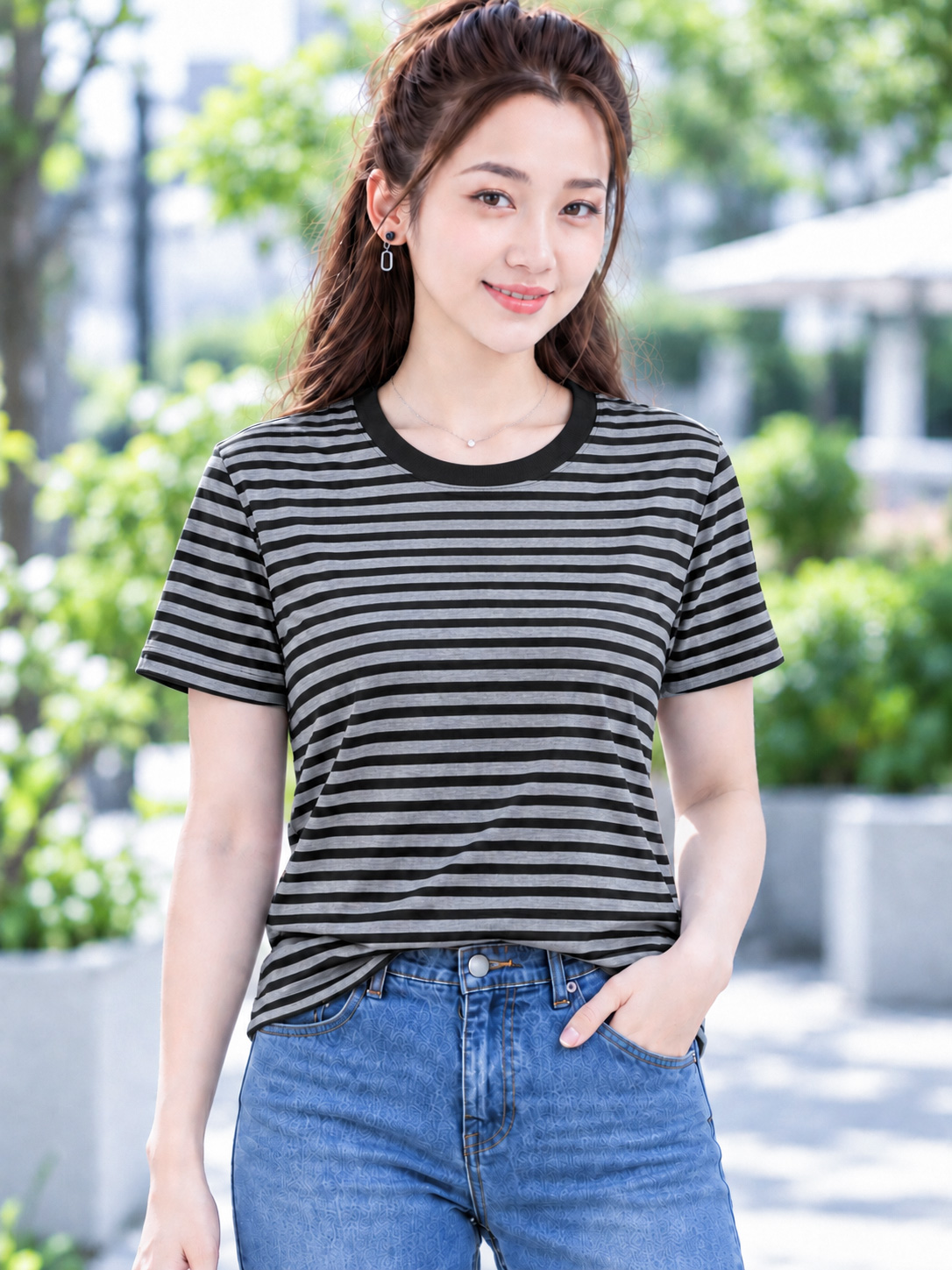 Áo thun nữ cổ tròn sọc ngang TOLI BSB30 – Cotton mềm, form suông gọn dáng, dễ phối mặc mỗi ngày