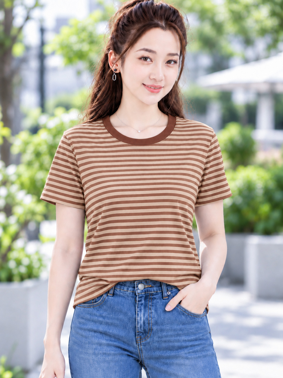 Áo thun nữ cổ tròn sọc ngang TOLI BSB33 – Cotton mềm, form suông gọn dáng, dễ phối mặc mỗi ngày