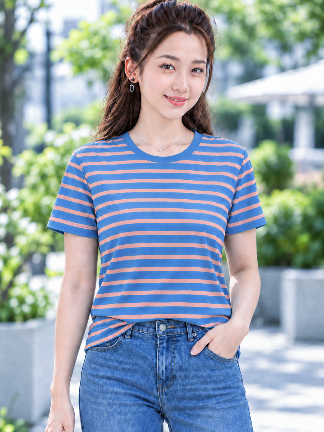 Áo thun nữ cổ tròn sọc ngang TOLI BSB33 – Cotton mềm, form suông gọn dáng, dễ phối mặc mỗi ngày