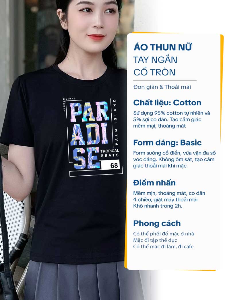 Áo thun nữ Cotton in màu Đen D12 PAR