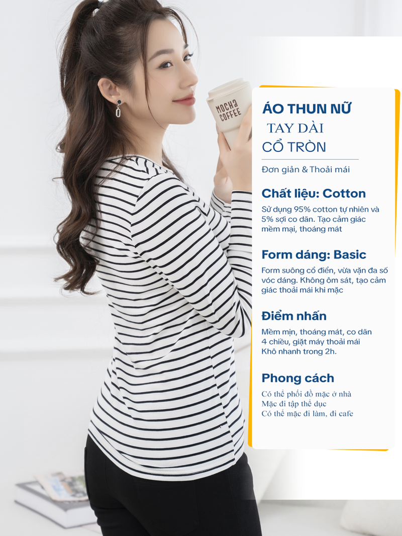 Áo thun cotton nữ cổ tròn tay dài màu Sọc 1 Phân 3Ly Đen Trắng LH19