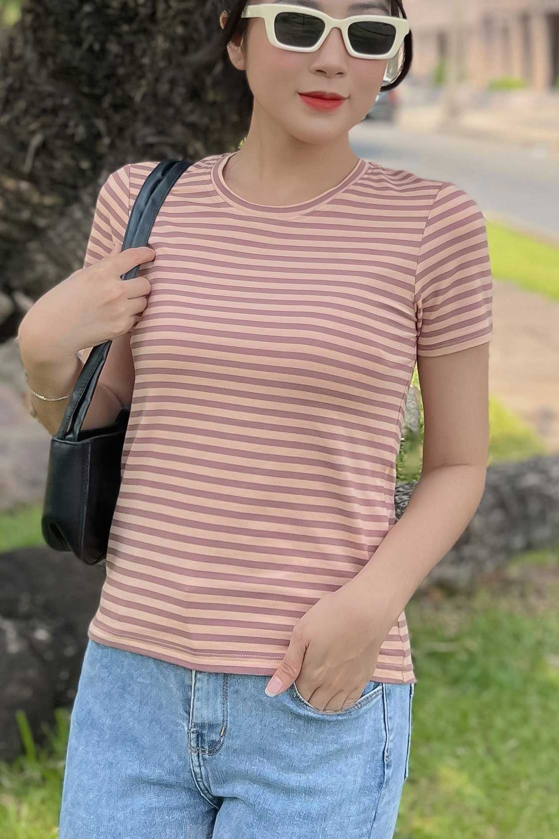 Áo thun cotton nữ cổ tròn màu Sọc Nâu Vàng - 30B