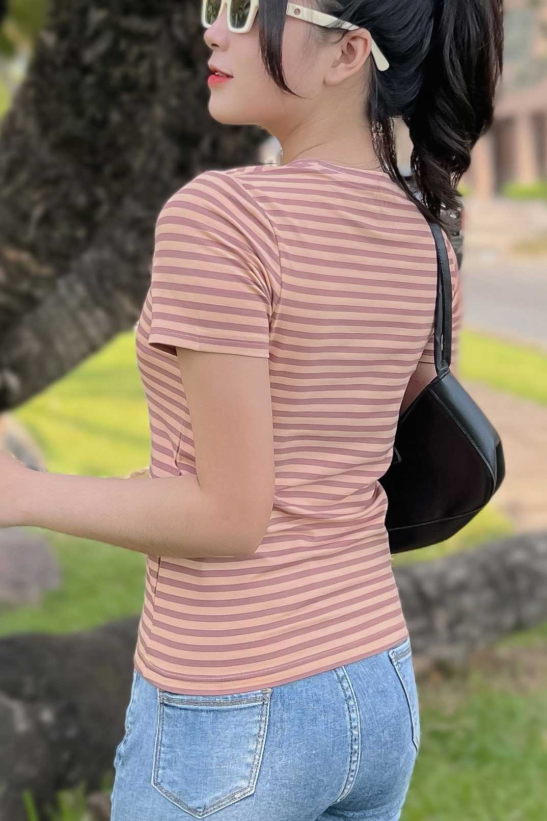 Áo thun cotton nữ cổ tròn màu Sọc Nâu Vàng - 30B