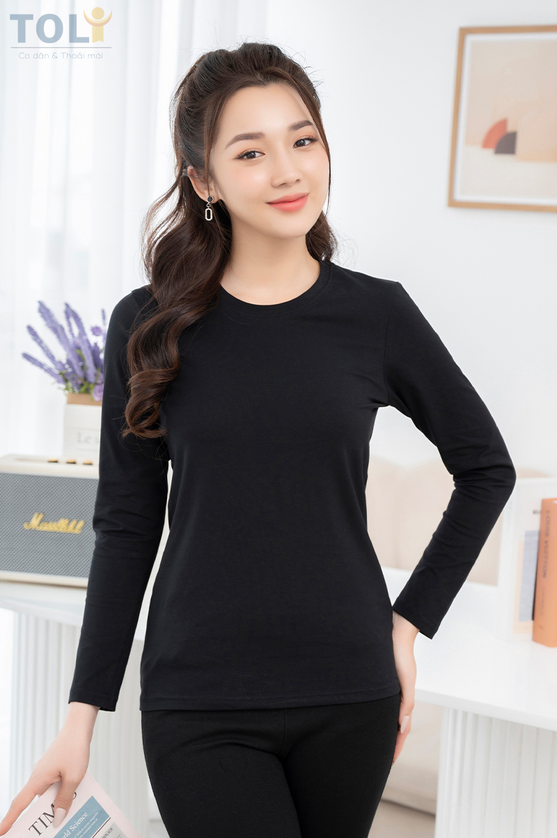 Áo thun cotton nữ cổ tròn tay dài màu Đen - LH11