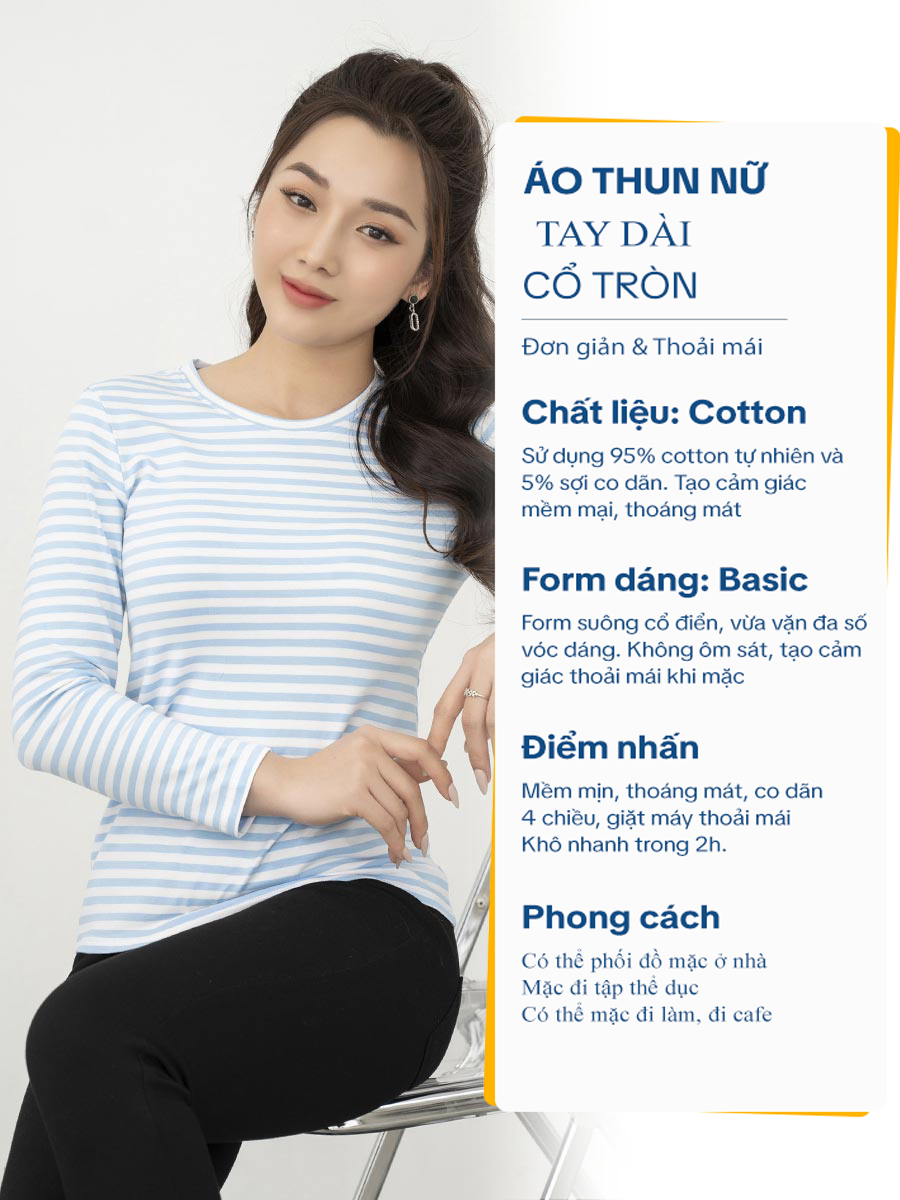 Áo thun nữ tay dài cổ tròn Sọc Xanh Trắng LH31