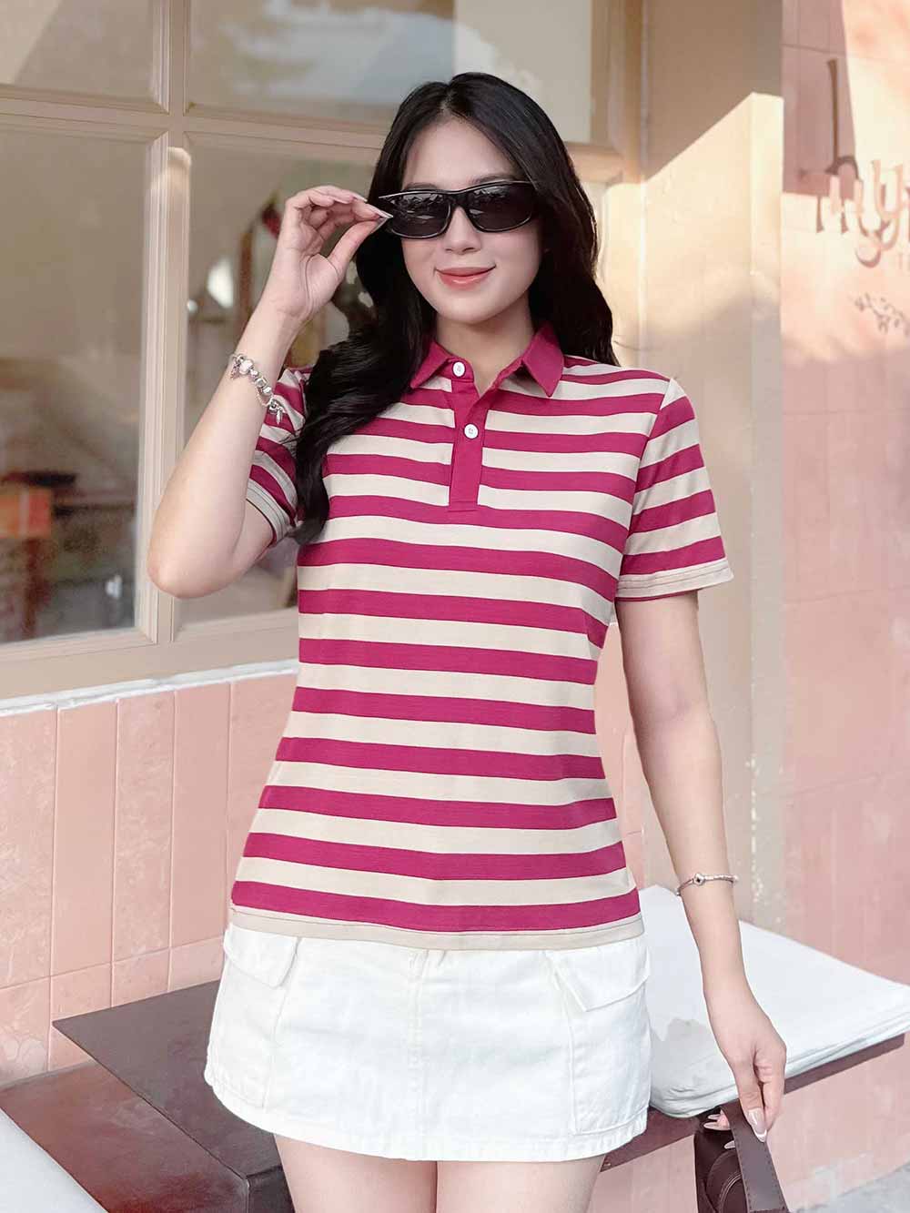 Áo PoLo Nữ - Sọc Đỏ Kem- PLM81