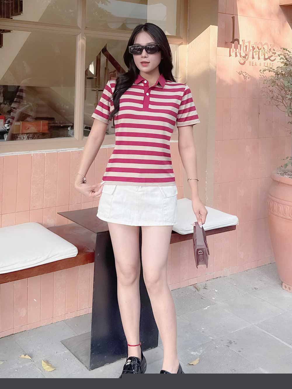 Áo PoLo Nữ - Sọc Đỏ Kem- PLM81