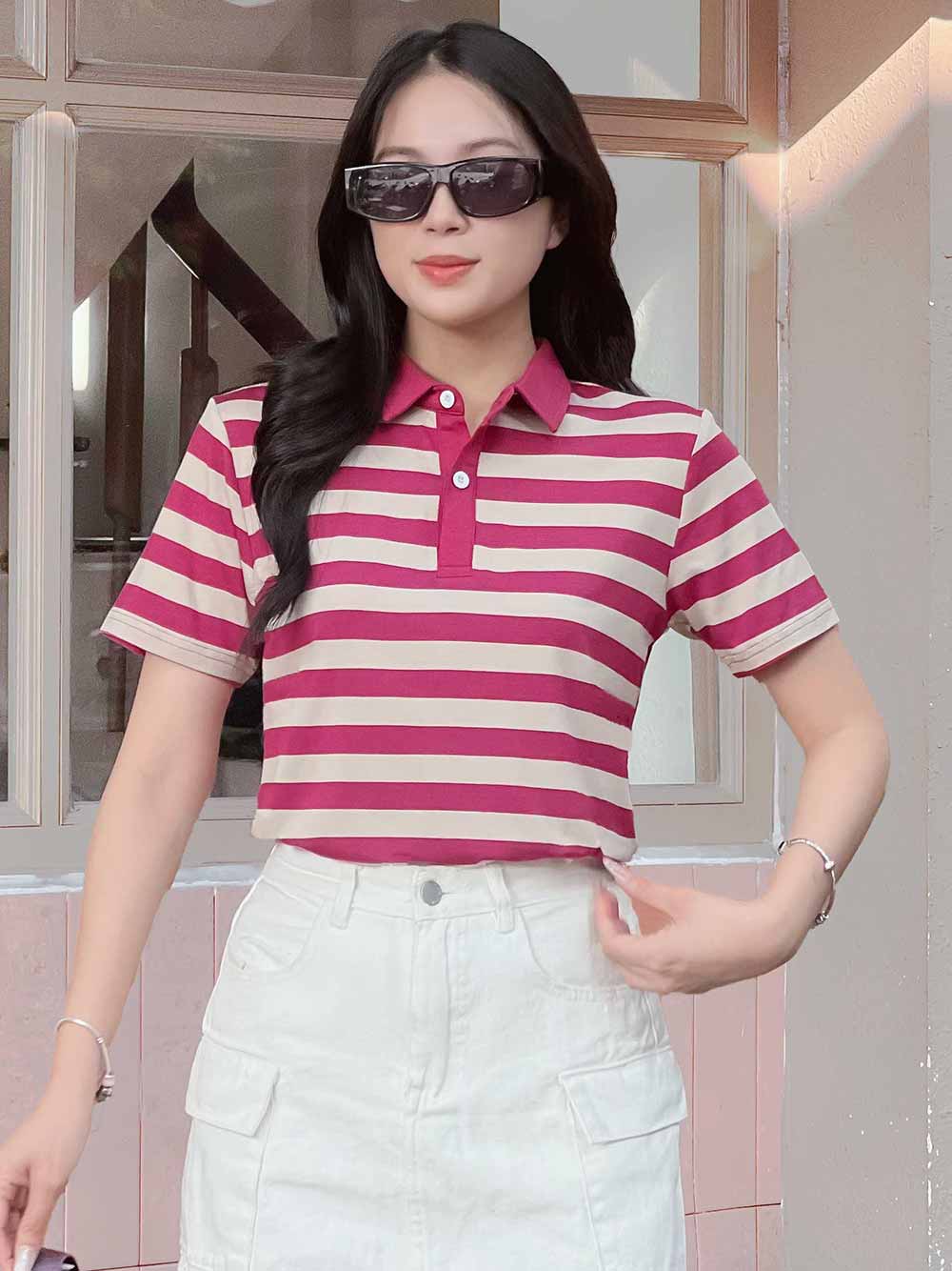 Áo PoLo Nữ - Sọc Đỏ Kem- PLM81