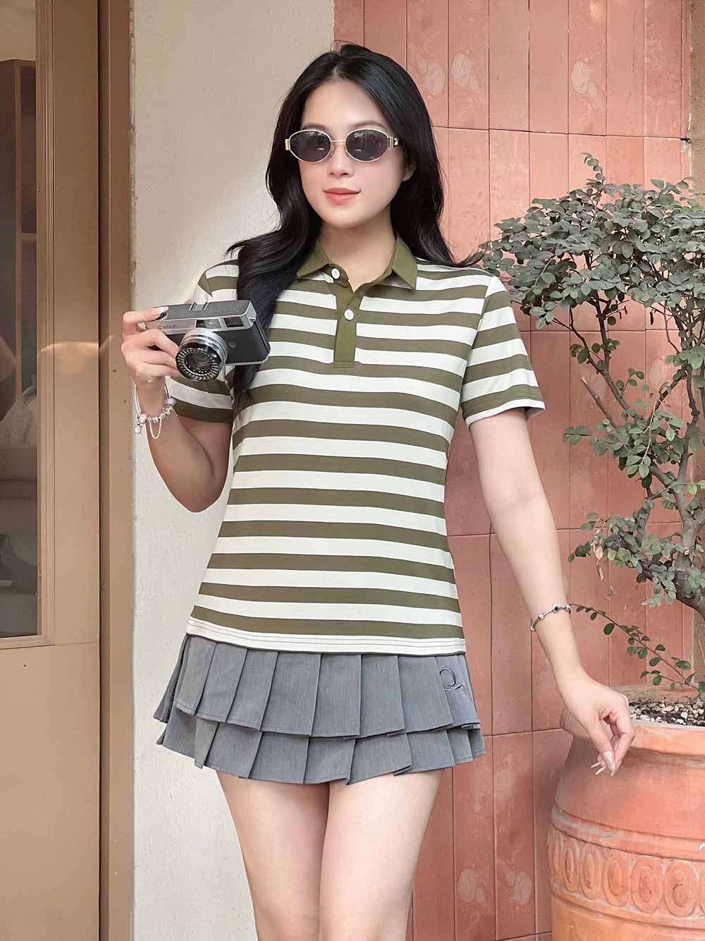 Áo PoLo Nữ - Sọc Rêu Kem- PLM82