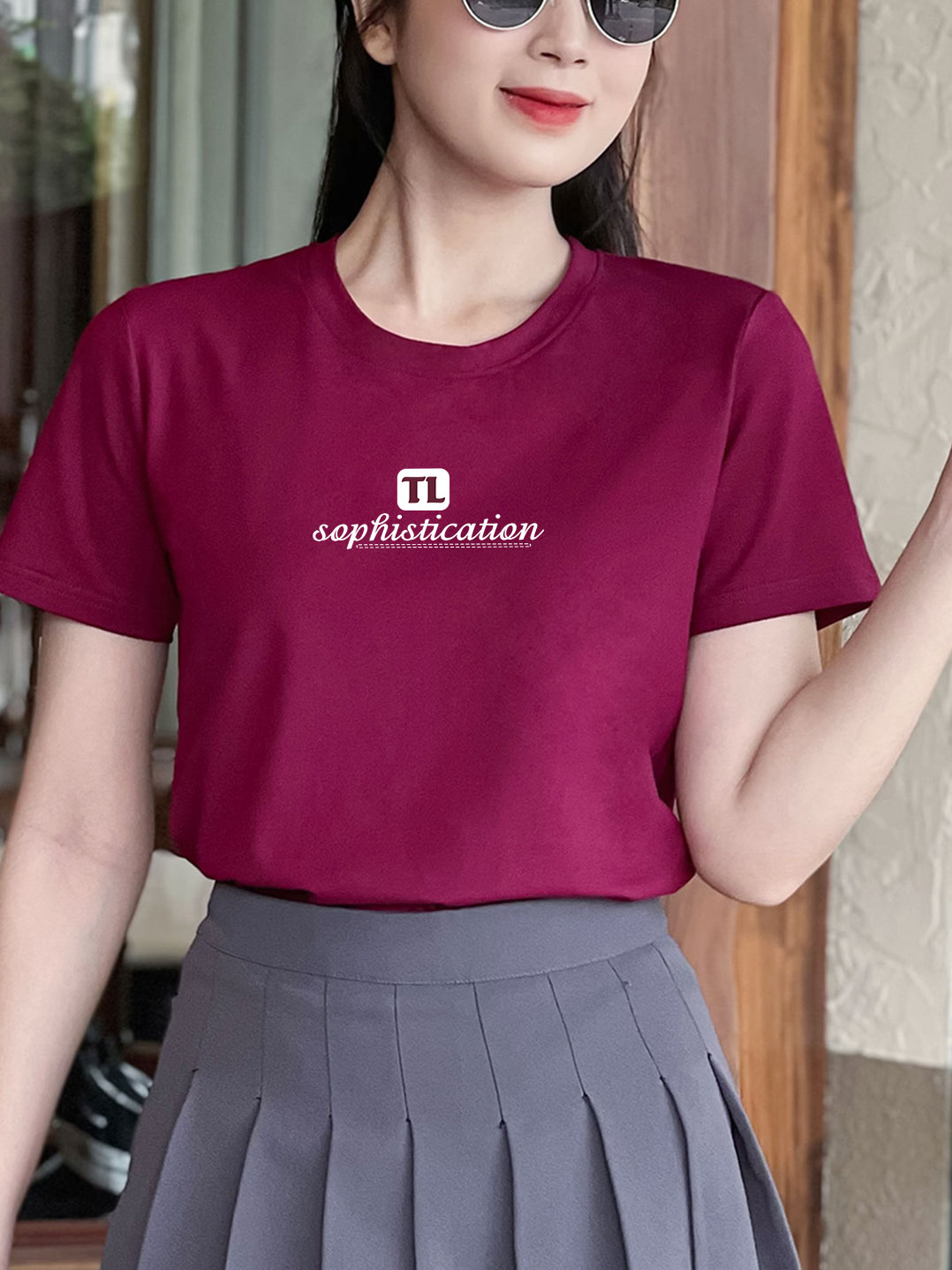 Áo thun nữ tay ngắn-Cổ tròn-Nho-In TL-PSB24-Mẫu 11