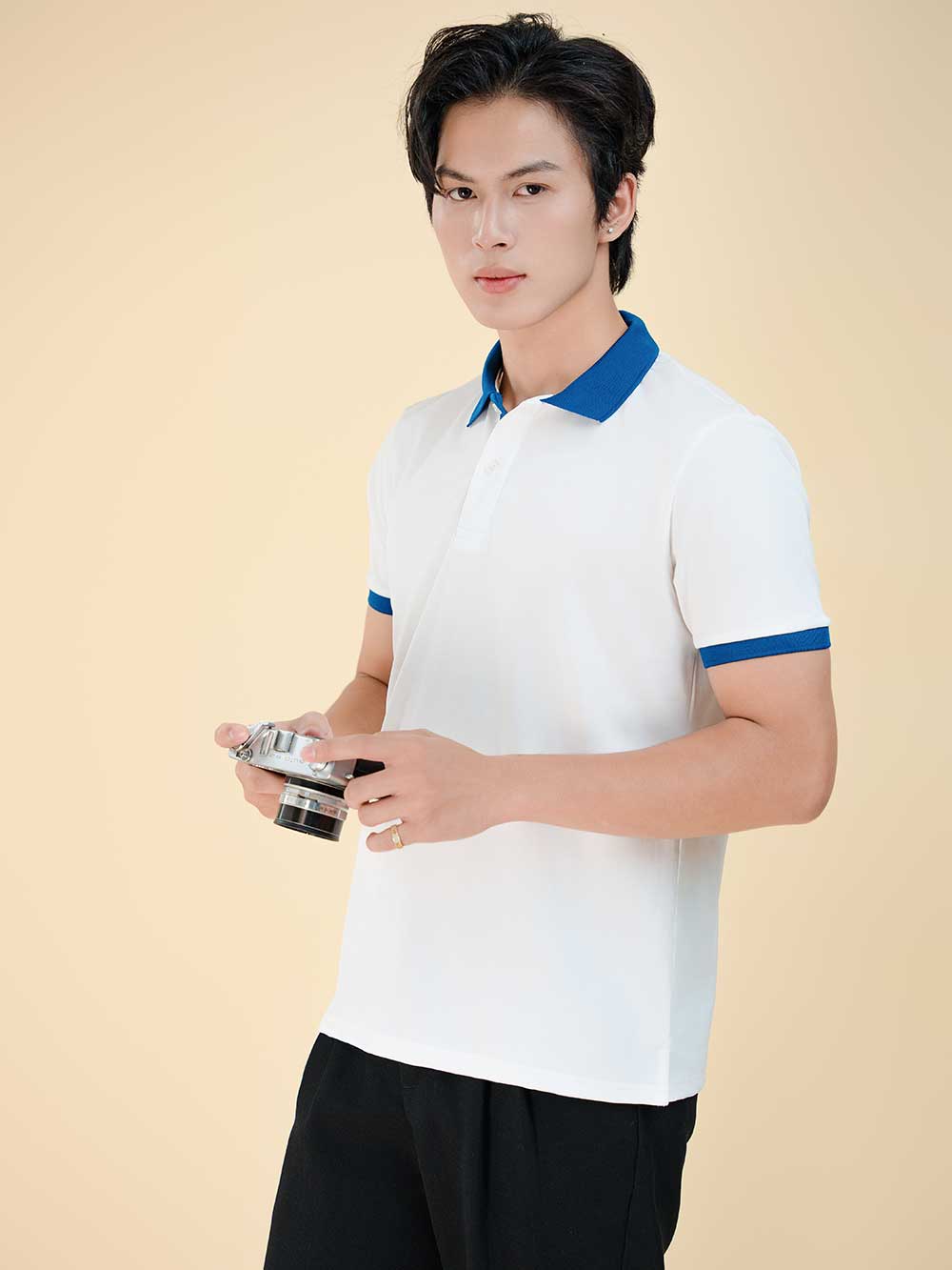 Áo thun PoLo Nam - Cổ PoLo - Trắng Bo Mực-PLP03