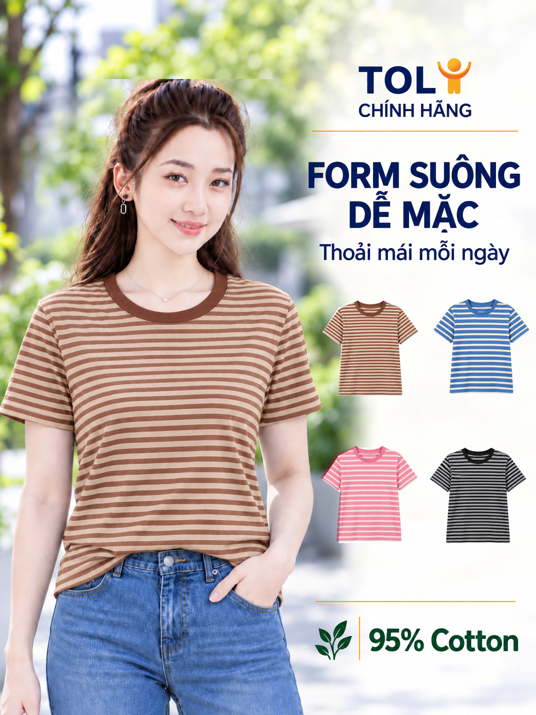 Áo thun nữ cổ tròn sọc ngang TOLI BSB30 – Cotton mềm, form suông gọn dáng, dễ phối mặc mỗi ngày