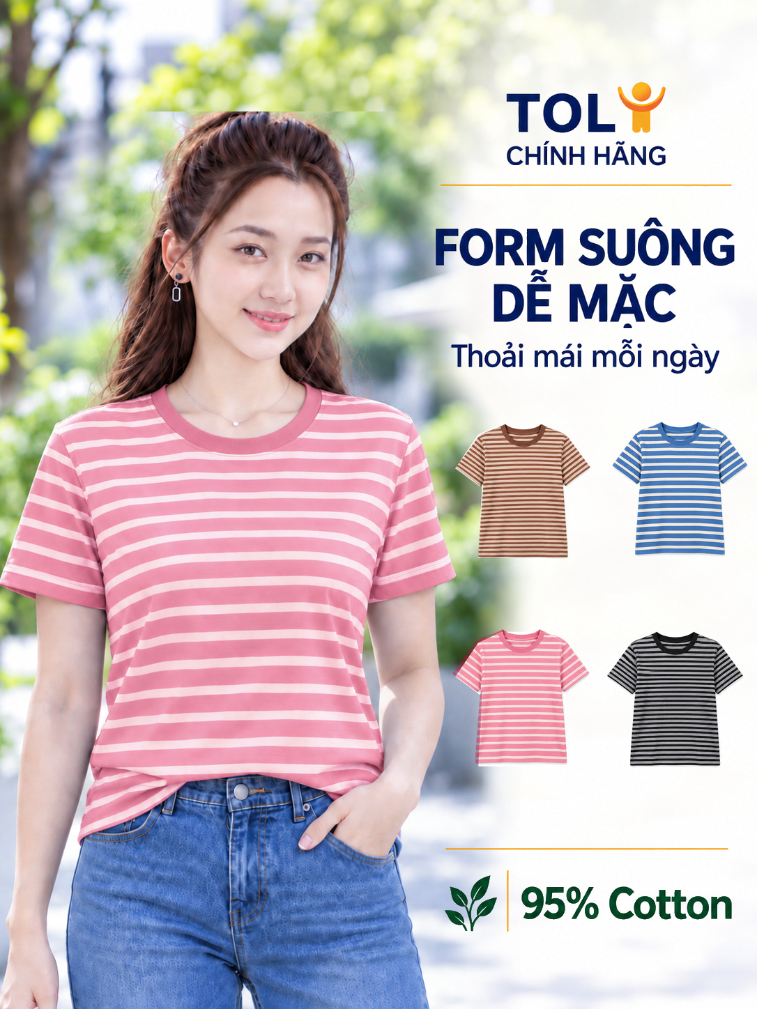 Áo thun nữ cổ tròn sọc ngang TOLI BSB33 – Cotton mềm, form suông gọn dáng, dễ phối mặc mỗi ngày