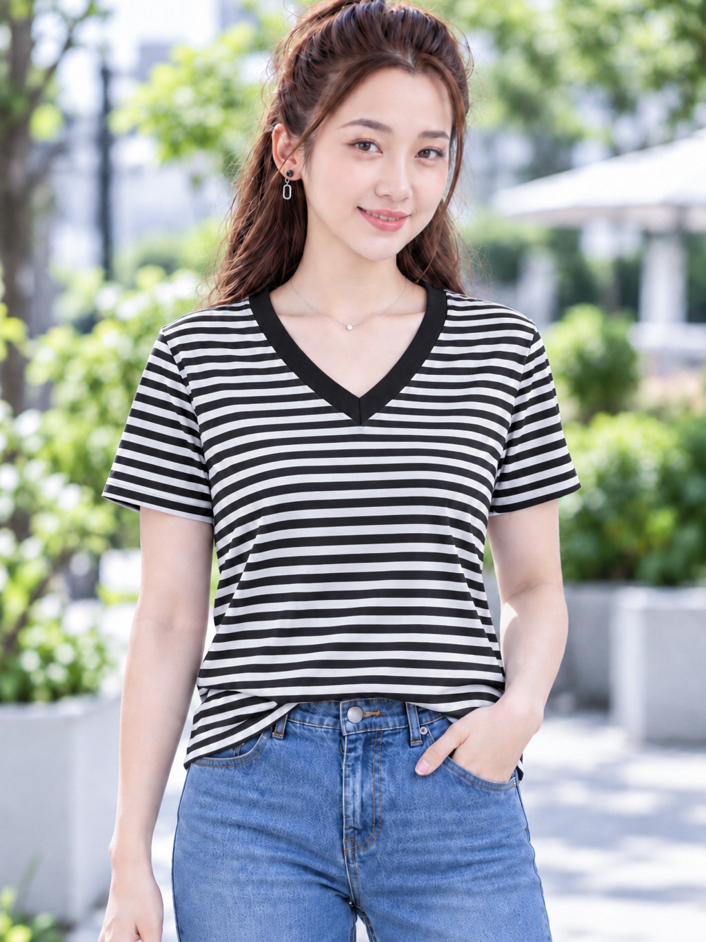 Áo thun nữ sọc ngang cổ V TOLI BSV18 – Cotton mềm, form suông gọn dáng, dễ phối mặc mỗi ngày