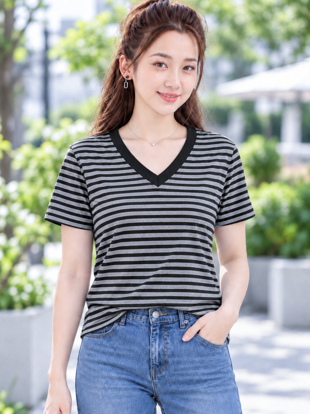 Áo thun nữ sọc ngang cổ V TOLI BSV32 – Cotton mềm, form suông gọn dáng, dễ phối mặc mỗi ngày