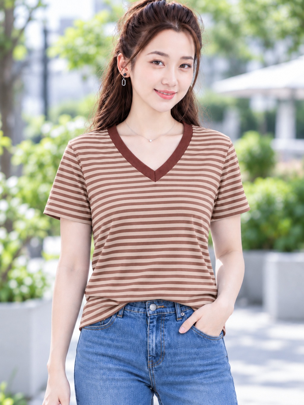 Áo thun nữ sọc ngang cổ V TOLI BSV18 – Cotton mềm, form suông gọn dáng, dễ phối mặc mỗi ngày