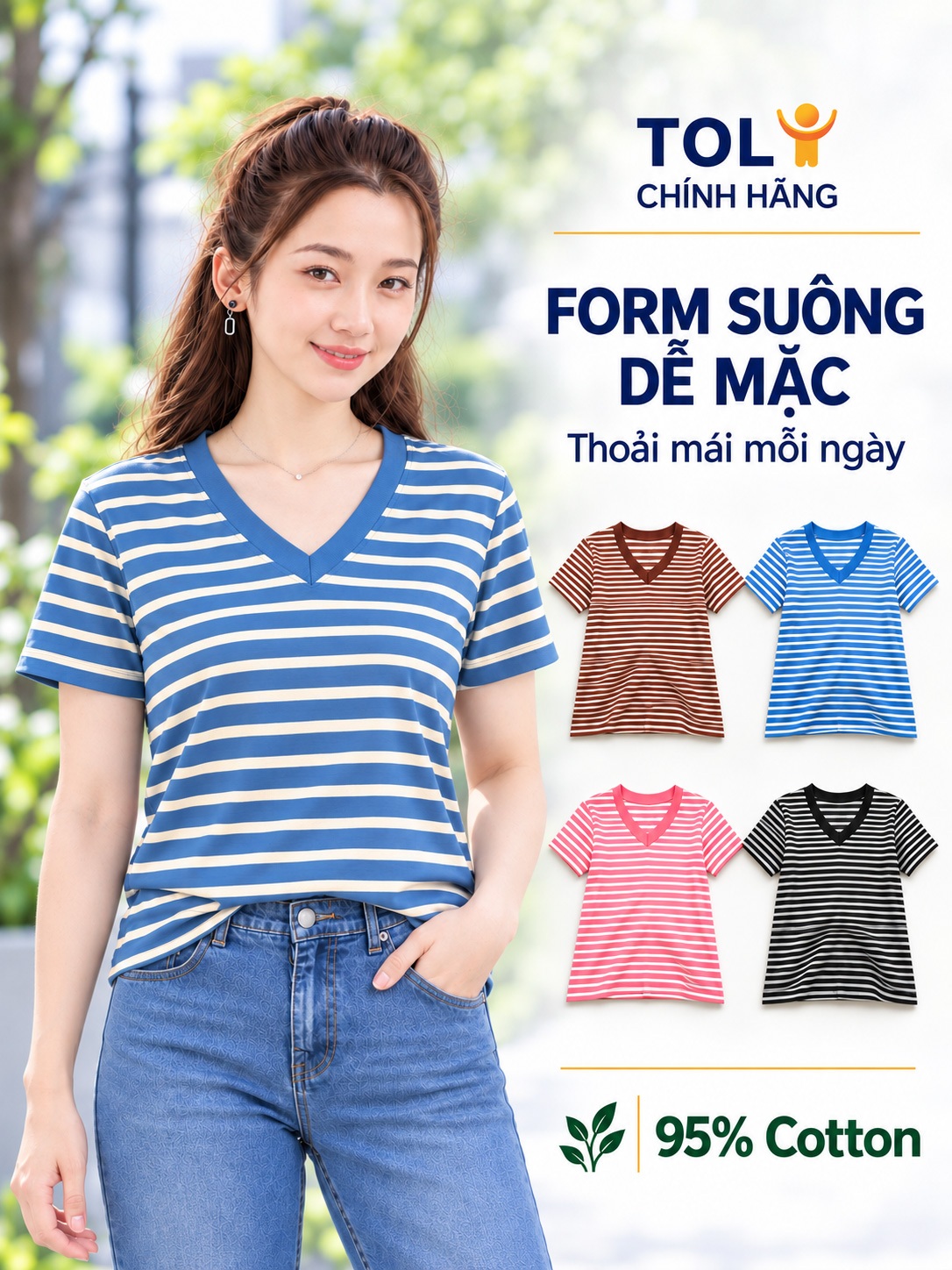 Áo thun nữ sọc ngang cổ V TOLI BSV32 – Cotton mềm, form suông gọn dáng, dễ phối mặc mỗi ngày