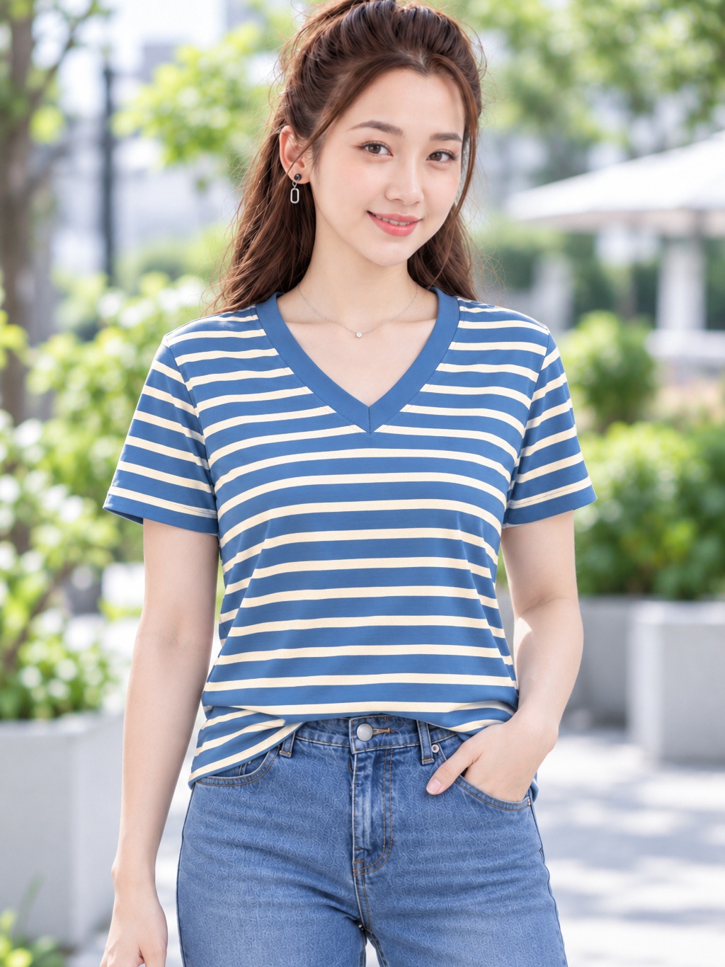 Áo thun nữ sọc ngang cổ V TOLI BSV18 – Cotton mềm, form suông gọn dáng, dễ phối mặc mỗi ngày