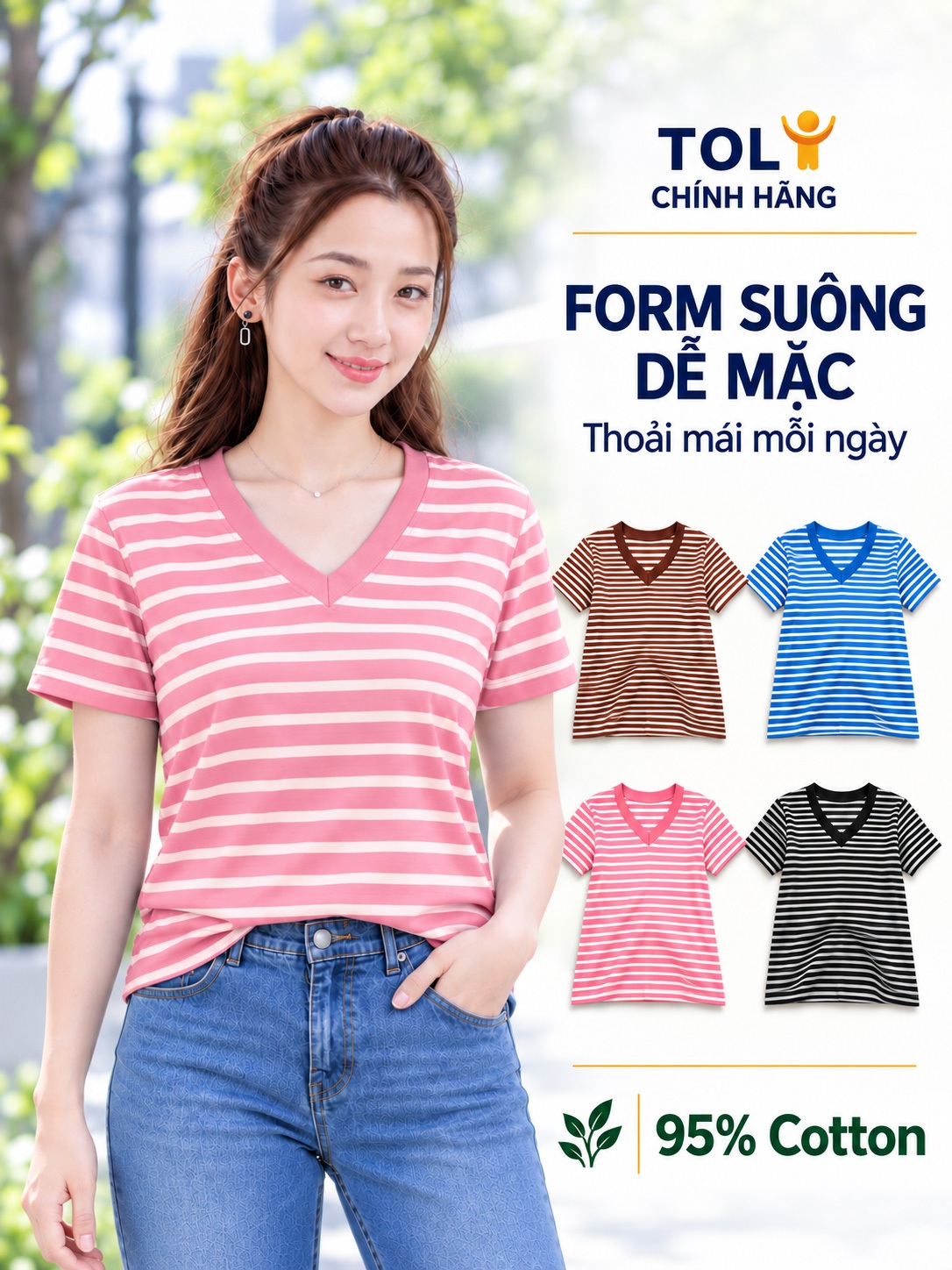 Áo thun nữ sọc ngang cổ V TOLI BSV33 – Cotton mềm, form suông gọn dáng, dễ phối mặc mỗi ngày