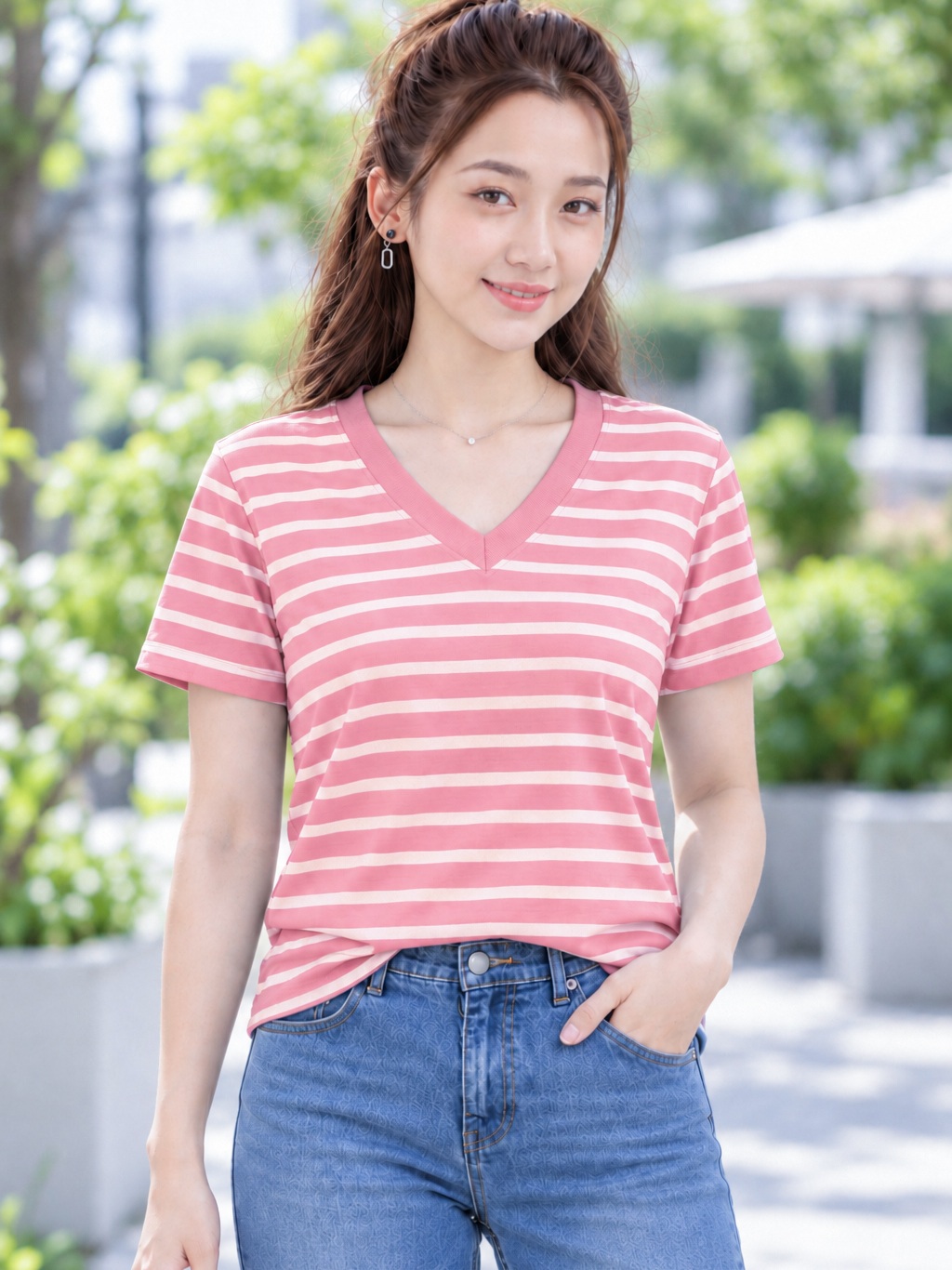 Áo thun nữ sọc ngang cổ V TOLI BSV32 – Cotton mềm, form suông gọn dáng, dễ phối mặc mỗi ngày