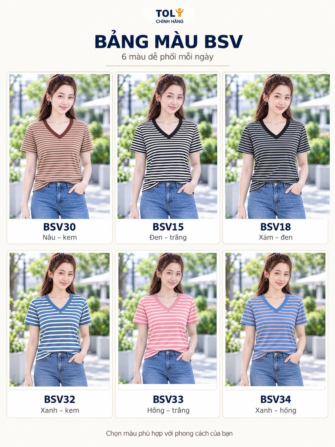 Áo thun nữ sọc ngang cổ V TOLI BSV32 – Cotton mềm, form suông gọn dáng, dễ phối mặc mỗi ngày
