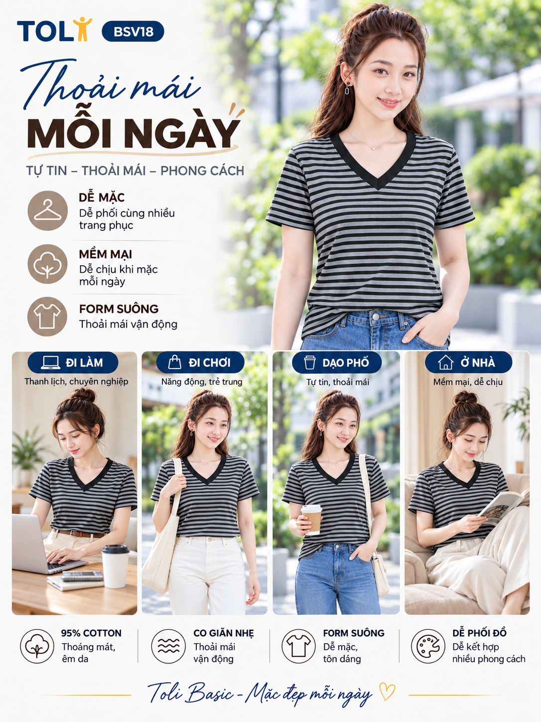 Áo thun nữ sọc ngang cổ V TOLI BSV32 – Cotton mềm, form suông gọn dáng, dễ phối mặc mỗi ngày