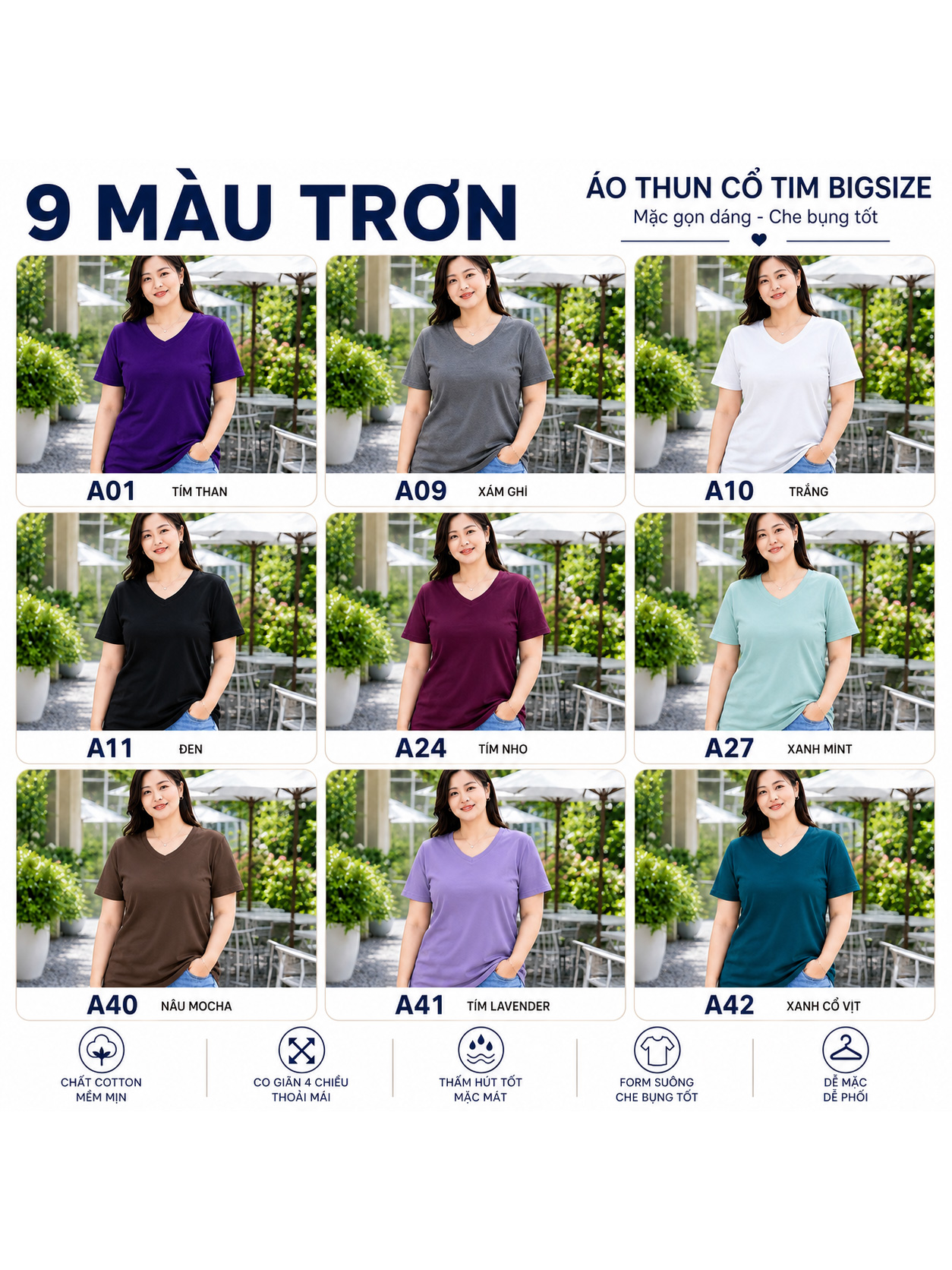 Áo thun nữ BIGSIZE cổ tim TOLI BSA11, Cotton 4 chiều co giãn, Form suông dễ mặc từ 59–85kg